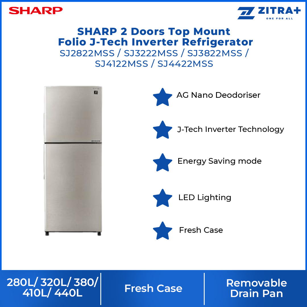 SHARP 280L/320L/380L/410L/440L  2 Doors Top Mount Folio J-Tech Inverter Refrigerator | AG Nano Deodoriser | J-Tech Inverter Technology | Energy Saving Mode | LED Lighting | Fresh Case | Eco Mode | Refrigerators with 1 Year Warranty
