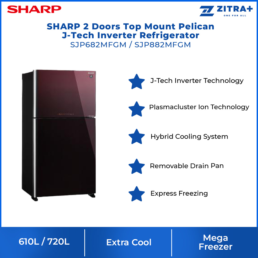 SHARP 2 Doors Top Mount Pelican J-Tech Inverter Refrigerator SJP682MFGM/SJP882MFGM | Extra Cool | Eco Mode | Door Alarm | Deep Freezing | Refrigerator with 1 Year Warranty