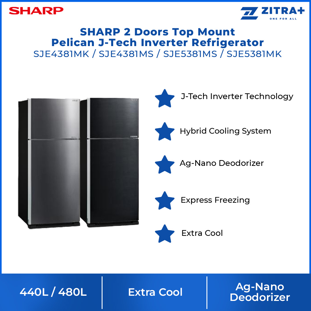 SHARP 440L/480L 2 Doors Top Mount Pelican J-Tech Inverter Refrigerator | Extra Cool | Express Freezing | Door Alarm | Refrigerator with 1 Year Warranty