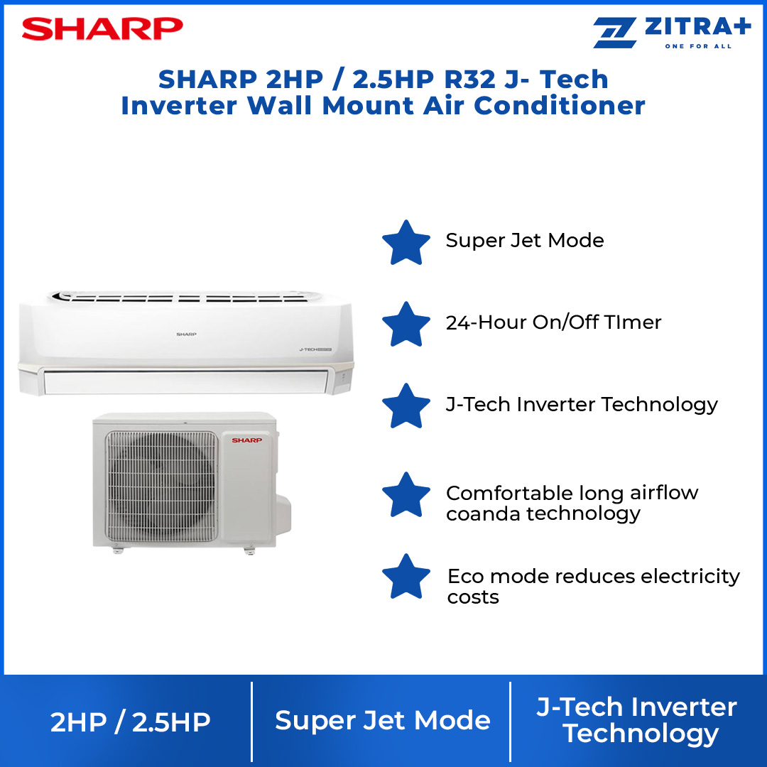 SHARP 2HP/ 2.5HP R32 J- Tech Inverter Wall Mount Air Conditioner AHX18VED/AHX24VED | Super Jet Mode | Eco mode |  5 Star Rating Energy Saving | 1 Year General and 5 Years Compressor Warranty