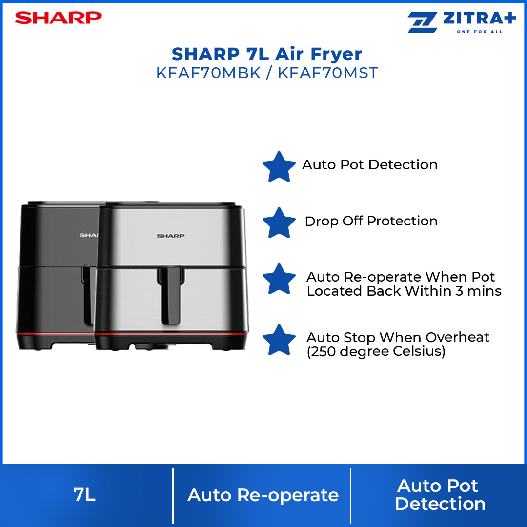 SHARP 7L Air Fryer KFAF70MBK/KFAF70MST | Drop Off Protection | Auto Pot Detection | Auto Re-Operate | Auto Stop | Air Fryer with 1 Year Warranty