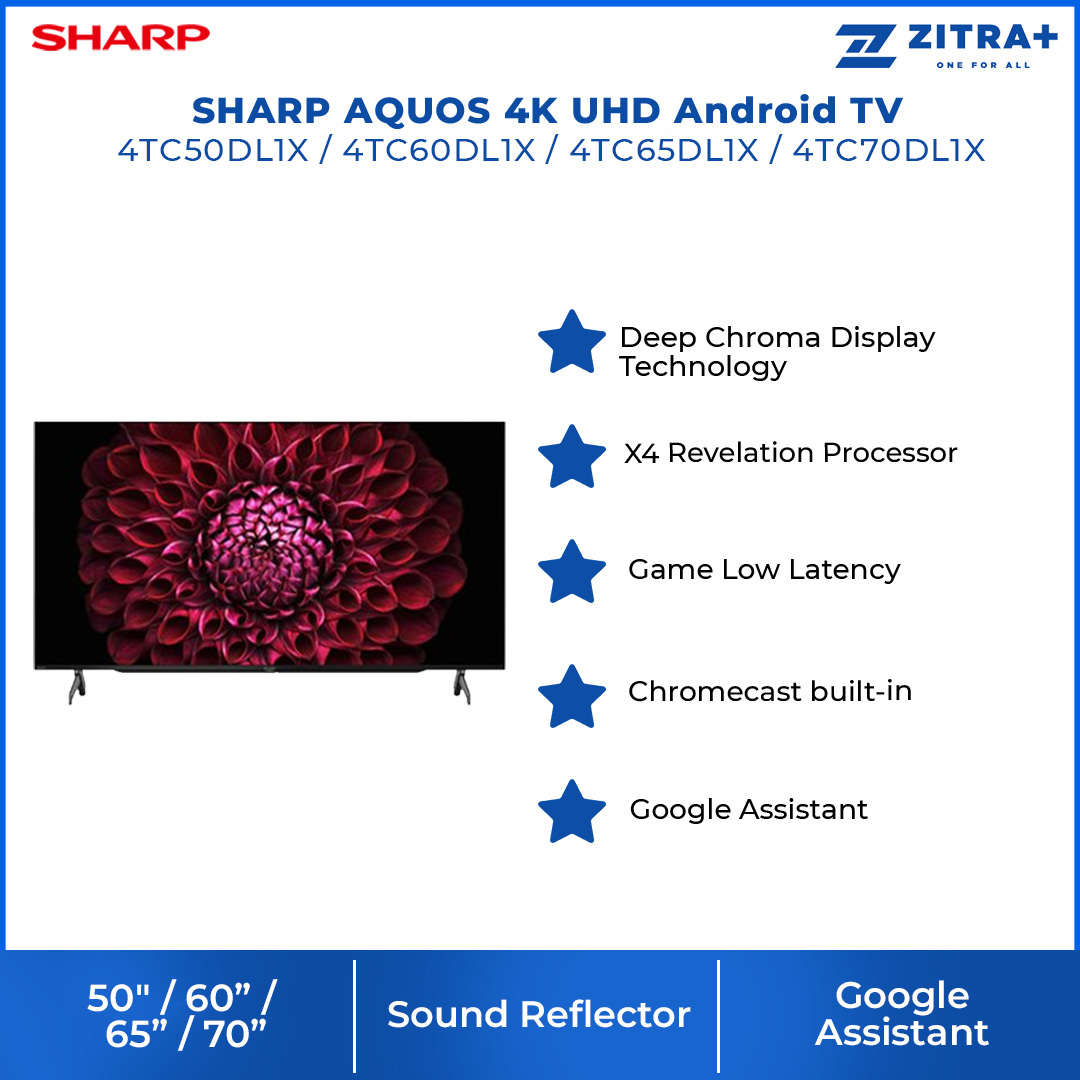 SHARP 50"/60"/65"/70" AQUOS 4K UHD Android TV | YouTube | Netflix | HDMI | USB | Auto Volume | App Store | Google Assistant | Sleep Timer | Bluetooth | Android TV with 2 Year Warranty