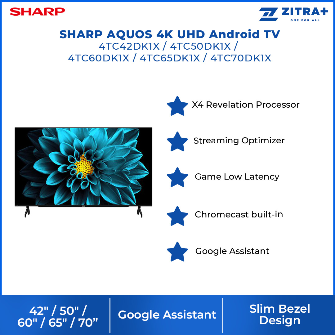 SHARP 42"/50"/60"/65" 4K UHD LED Android TV | X4 Revelation Processor | Streaming Optimizer | Game Low Latency | Dolby Audio | Android 11.0 | Youtube Netflix | Android TV with 2 Years Warranty