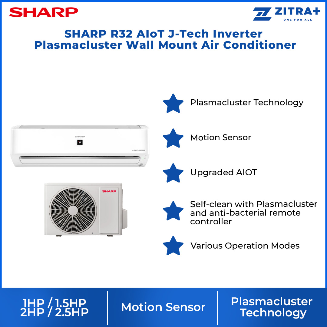 SHARP 1HP/1.5HP/2HP/2.5HP R32 AIoT J-Tech Inverter Plasmacluster Wall Mount Air Conditioner | 4-Way Auto Air Swing | Air Conditioner with 1 Year Warranty