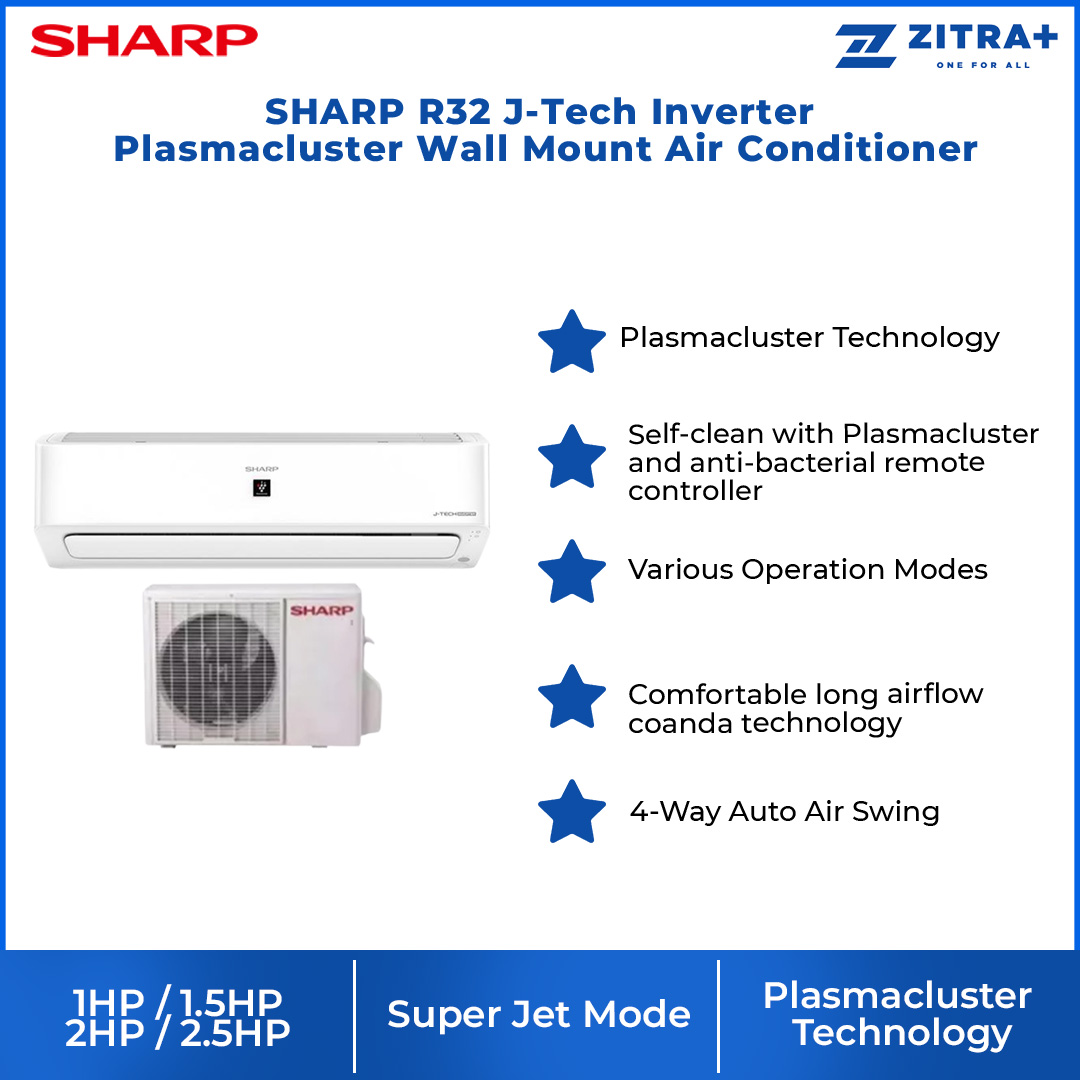 SHARP 1HP/1.5HP/2HP/2.5HP R32 J-Tech Inverter Plasmacluster Wall Mount Air Conditioner | Quiet Operation | Sleep Mode | Self-Cleaning | Air Conditioner with 1 Year Warranty