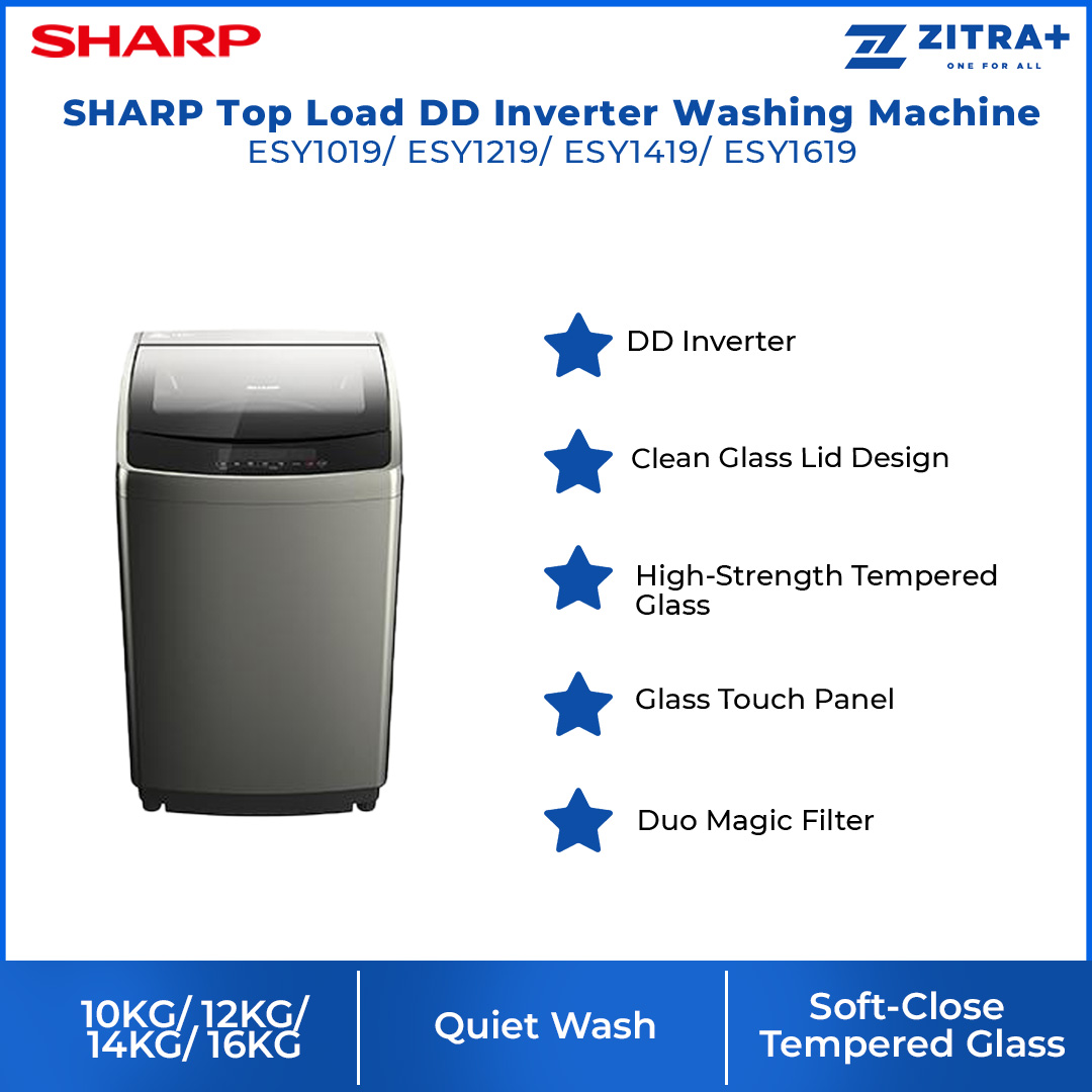SHARP 10KG/12KG/14KG/16KG Top Load DD Inverter Washing Machine | Quiet Wash | Child Lock | Glass Touch Panel | S-Pulsator | Magic Filter | Auto Tub Clean | LED Digit | Washing Machine with 2 Year Warranty