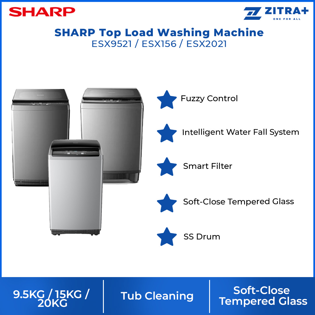SHARP 9.5KG/15KG/20KG Top Load Fully Auto Washing Machine | SS Drum | LED Digit | Wind Dry | Auto Soak | Child Lock | Child Proof | Auto Restart | S-Pulsator | Fuzzy Control | Smart Filter | Error Notification | Washing Machine with 2 Year Warranty