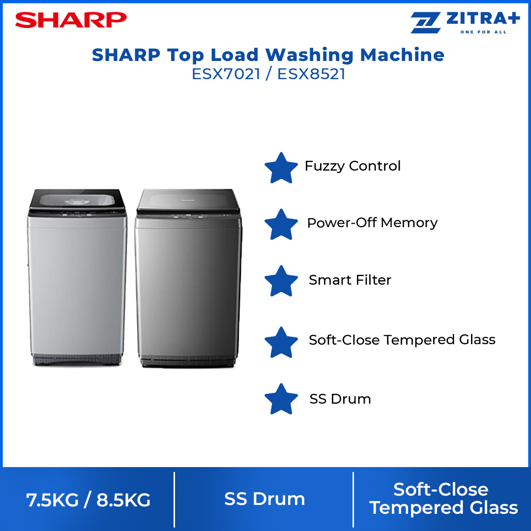 SHARP 7.5/ 8.5KG Top Load Washing Machine | Fuzzy Control | Power-Off Memory | Smart Filter | Soft-Close Tempered Glass | SS Drum | Child Lock | S-Pulsator | Wind Dry | Auto Soak | Washing Machine with 2 Year General Warranty & 10 Year Motor Warranty