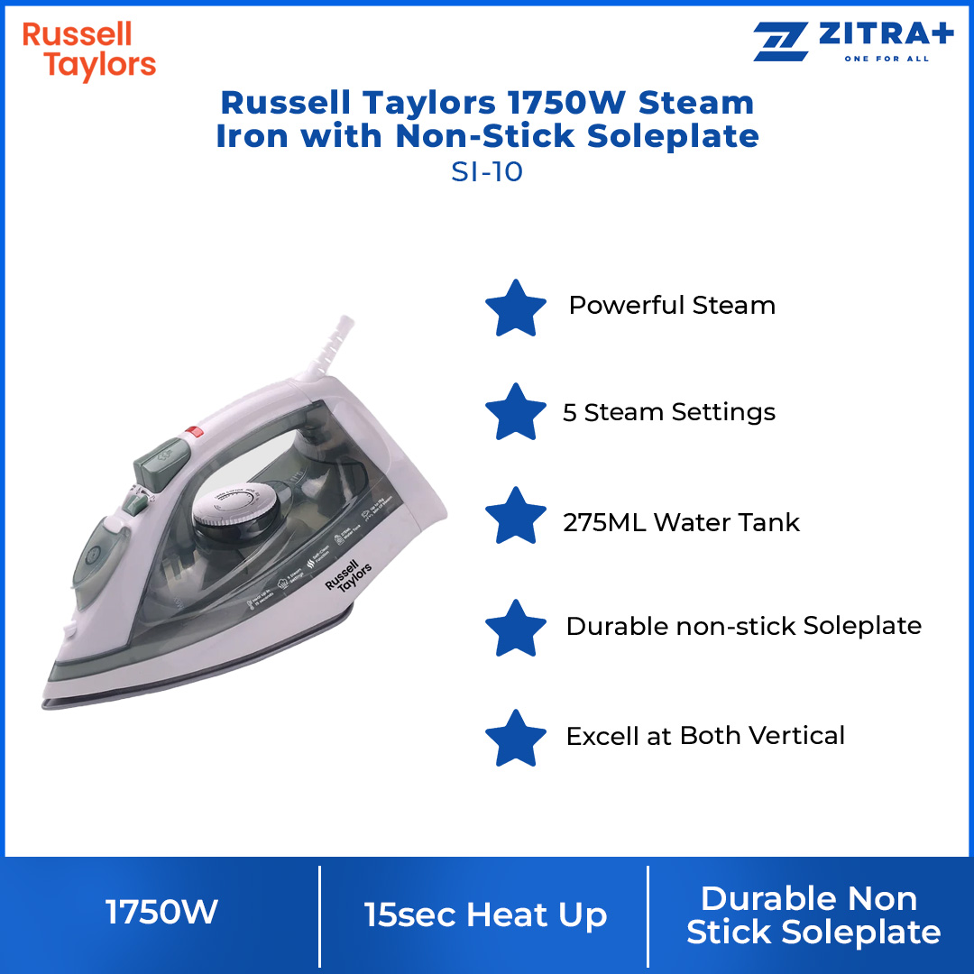 Russell Taylors 1750W Steam Iron with Non-Stick Soleplate SI-10 | 5 Steam Settings | 275ML Water Tank | 15sec Heat Up | Iron with 2 Year Warranty