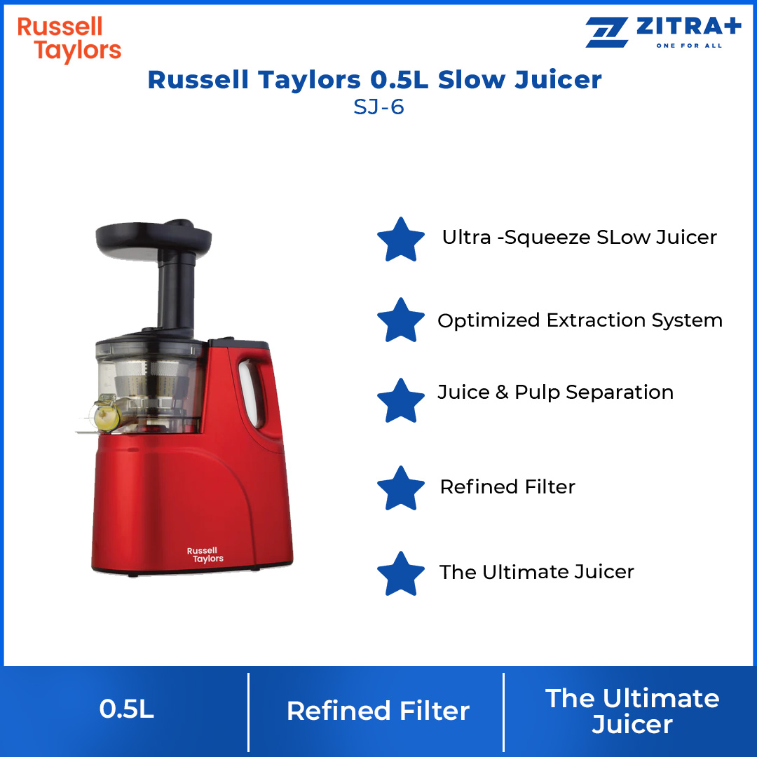 Russell Taylors 0.5L Slow Juicer SJ-6 | Ultra -Squeeze Slow Juicer | Optimized Extraction System | Easy to Use | Juicer with 2 Year Warranty