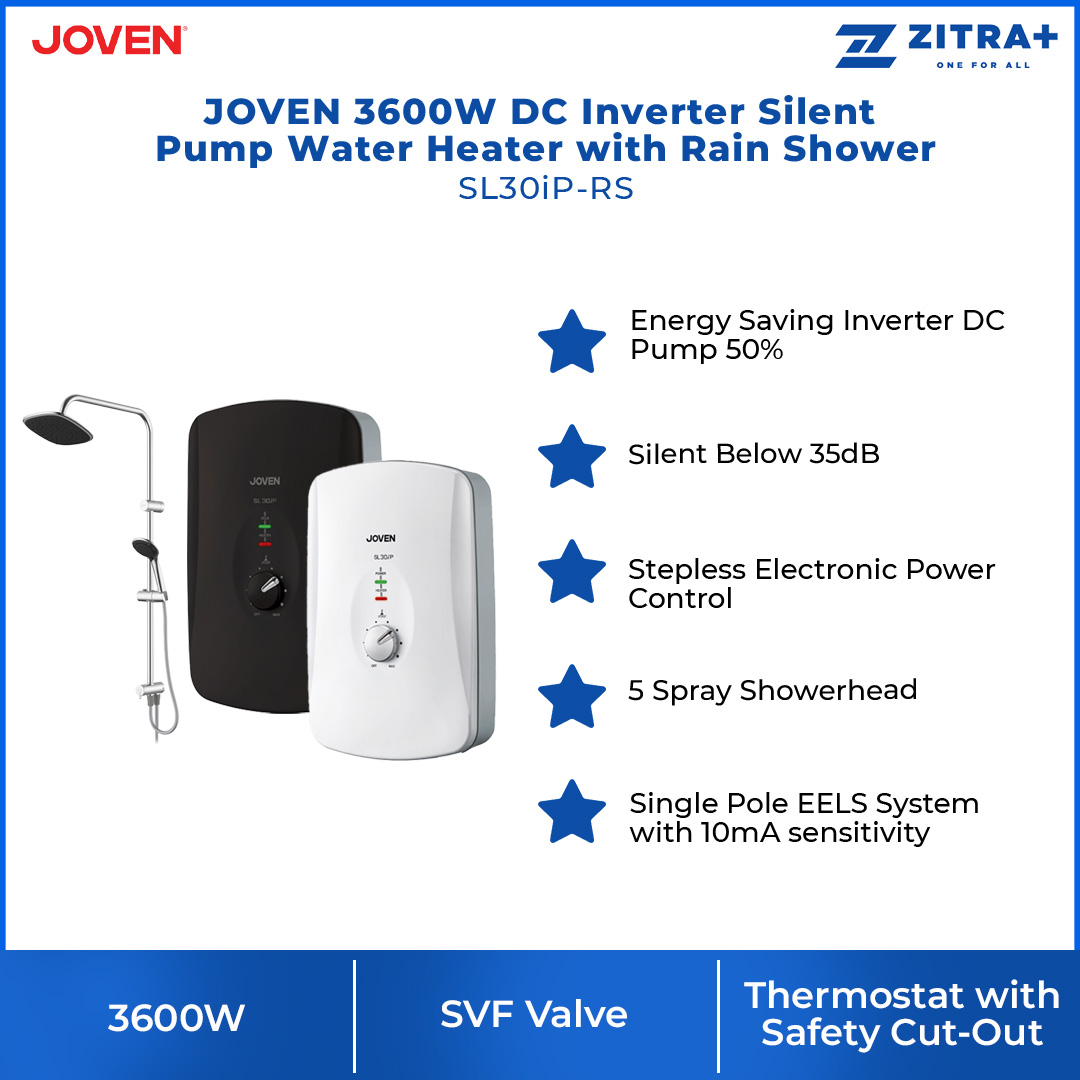 JOVEN 3600W DC Inverter Silent Pump Water Heater with Rain Shower SL30iP-RS | 5 Spray Showerhead | SFS Technology | Durable Copper Heating Element | Water Heater with 1 Year Warranty