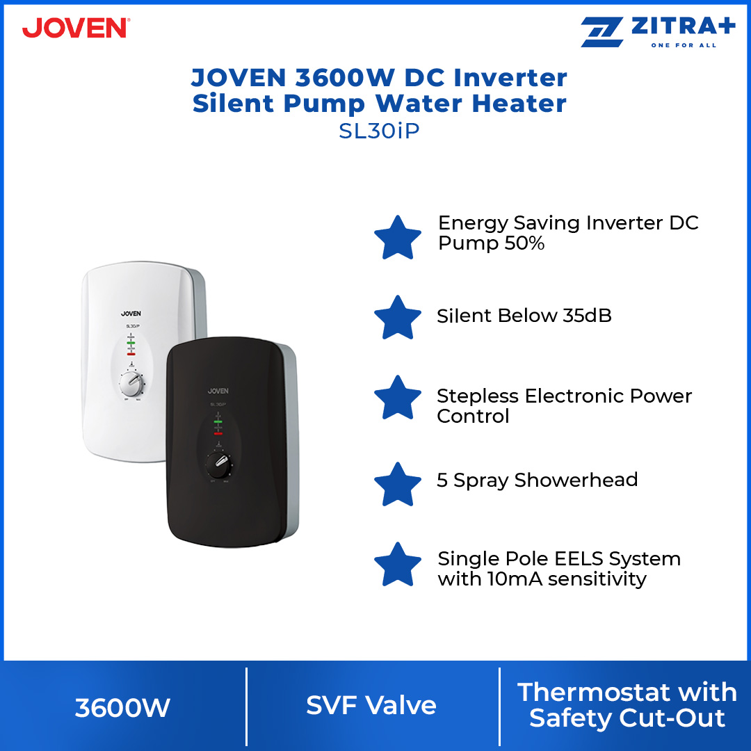 JOVEN 3600W DC Inverter Silent Pump Water Heater SL30iP | 5 Spray Showerhead | SFS Technology | Durable Copper Heating Element | Water Heater with 1 Year Warranty