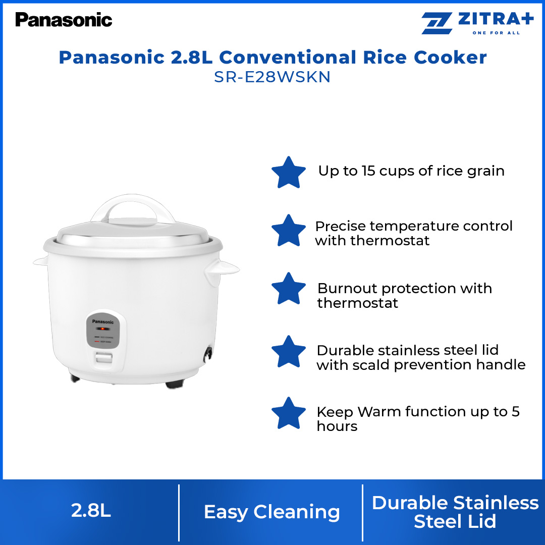 Panasonic 2.8L Conventional Rice Cooker SR-E28WSKN | 15-Cup Capacity at a Time | Removable Inner Pot | Keep Warm Function