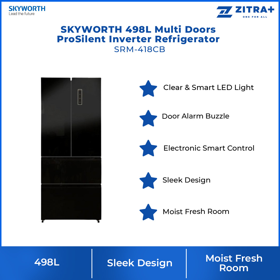 SKYWORTH 498L Multi Doors ProSilent Inverter Refrigerator SRM-418CB | Multi AirFlow | Total No Frost | Door Alarm Buzzle | Refrigerator with 1 Year Warranty