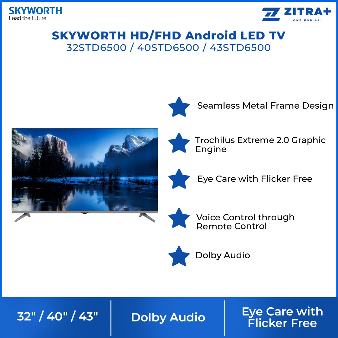 SKYWORTH 32"/40"/43" HD/FHD Android LED TV | 32STD6500 / 40STD6500 / 43STD6500 | Seamless Metal Frame Design | Game Mode |  Android LED TV with 2 Year Warranty