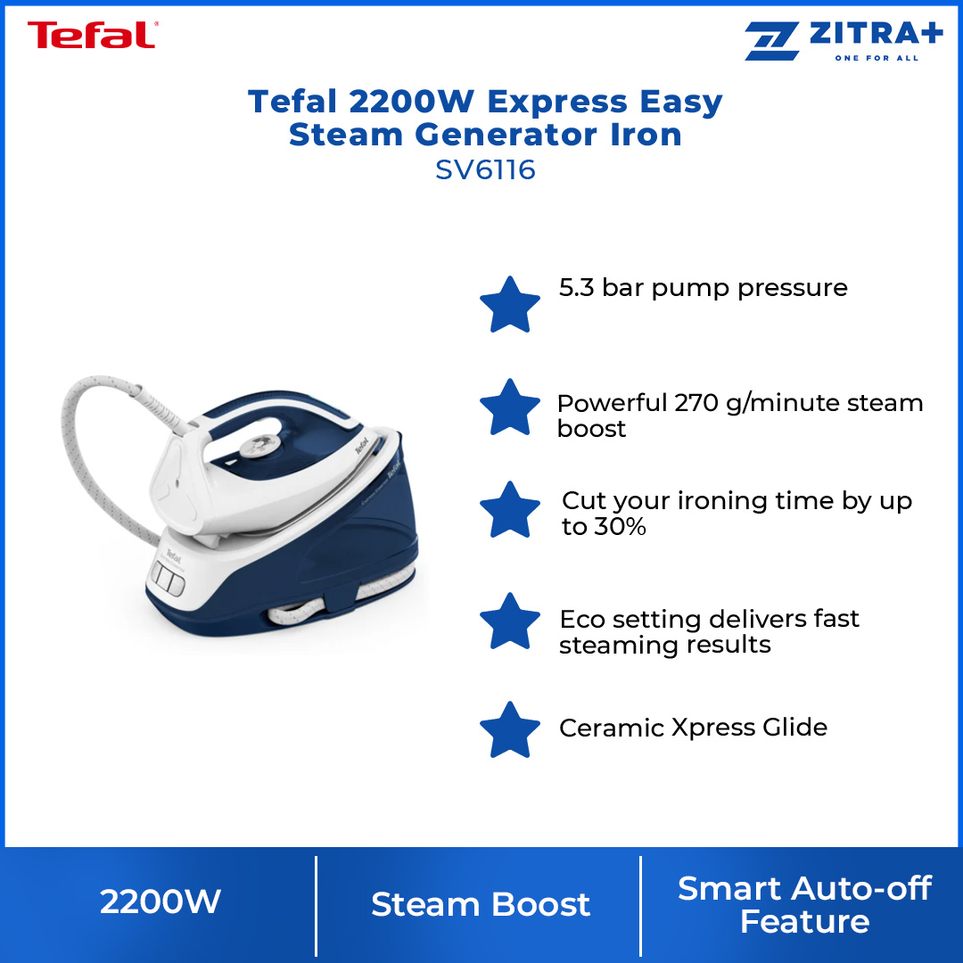 Tefal 2200W Express Easy Steam Generator Iron SV6116 | 1.4L Water Tank Capacity | Anti-Drip | Auto-Off | Eco Mode | Steam Iron with 2 Year Warranty