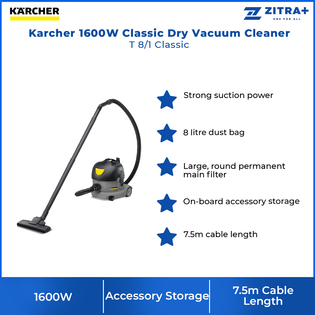 Karcher 1600W Classic Dry Vacuum Cleaner T 8/1 Classic | Large Cord Hook | Combi Floor Nozzle | Upholstery Nozzle | Vacuum Cleaner with 1 Year Warranty