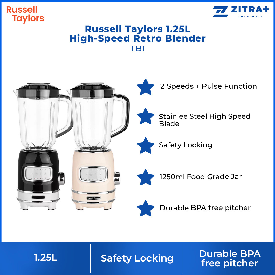 Russell Taylors 1.25L High-Speed Retro Blender TB1 | 300W Power | 2 Speeds + Pulse Function | Safety Locking | Blender with 2 Year Warranty