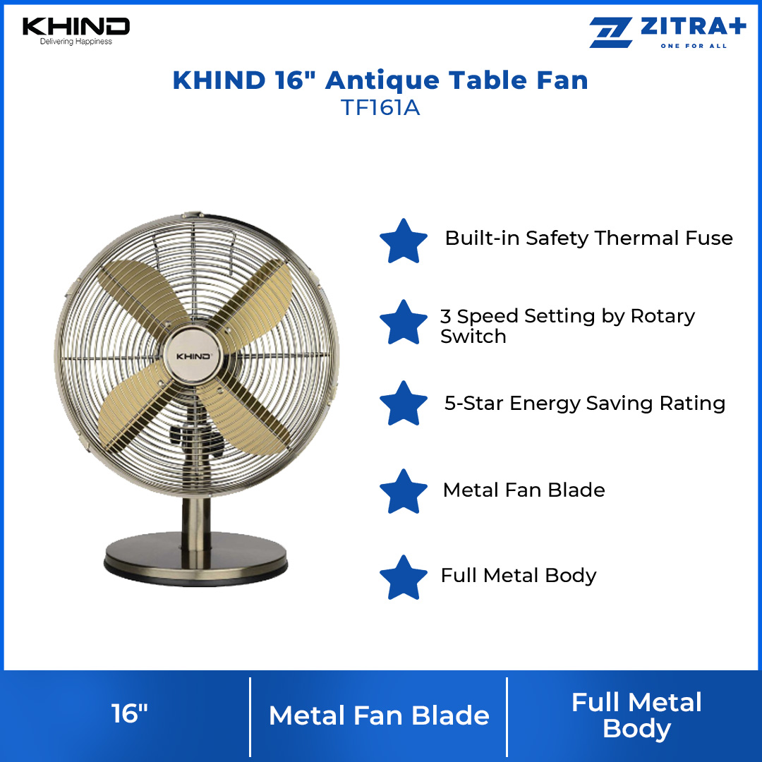 KHIND 16" Antique Table Fan TF161A | Built-in Safety Thermal Fuse | 3 Speed Setting by Rotary Switch | Full Metal Body | Table Fan with 1 Year Warranty