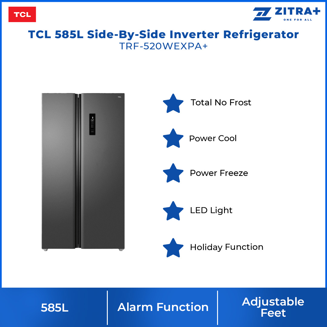 TCL 585L Side-By-Side Inverter Refrigerator TRF-520WEXPA+ | Holiday Function | Total No Frost | Power Freeze | Refrigerator with 2 Year Warranty