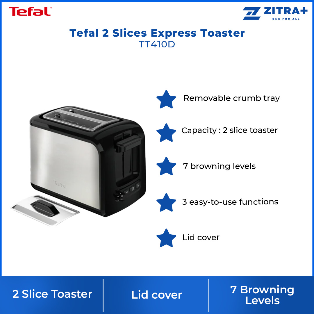 Tefal 2 Slices Express Toaster TT410D | 7 Browning Levels | Removable Crumb Tray | Indicator Light | Defrost | Reheat | Toaster with 2 Year Warranty