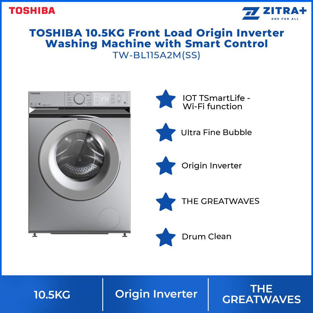 TOSHIBA 10.5KG Front Load Origin Inverter Washing Machine with Smart Control TW-BL115A2M(SS) | Steam Wash | IOT TSmartLife | Drum Clean | Washing Machine with 2 Year Warranty