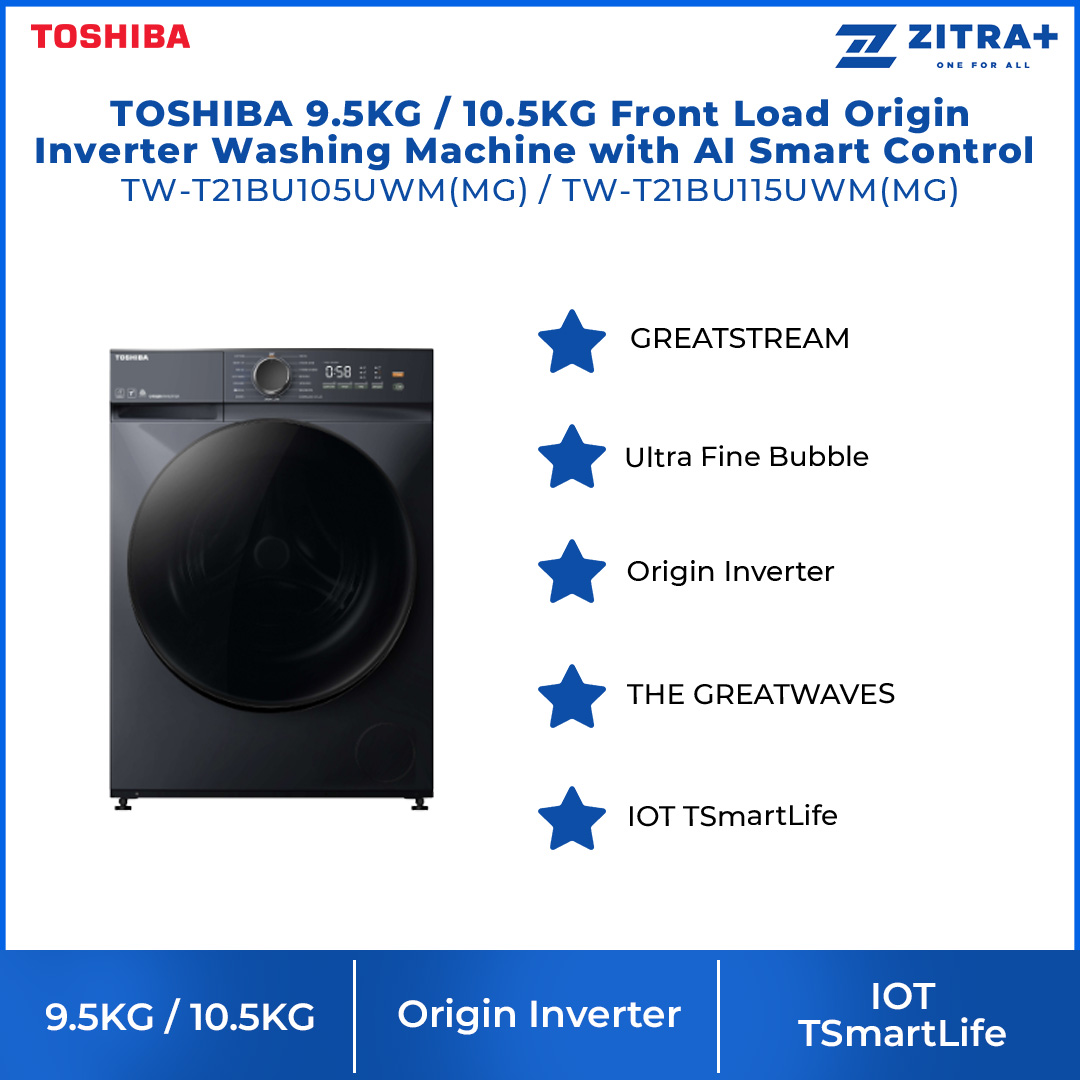 TOSHIBA 9.5KG / 10.5KG Front Load Origin Inverter Washing Machine with AI Smart Control | TW-T21BU105UWM(MG) / TW-T21BU115UWM(MG) | IOT TSmartLife | Sanitization | Hygiene Care | Washing Machine with 2 Year Warranty