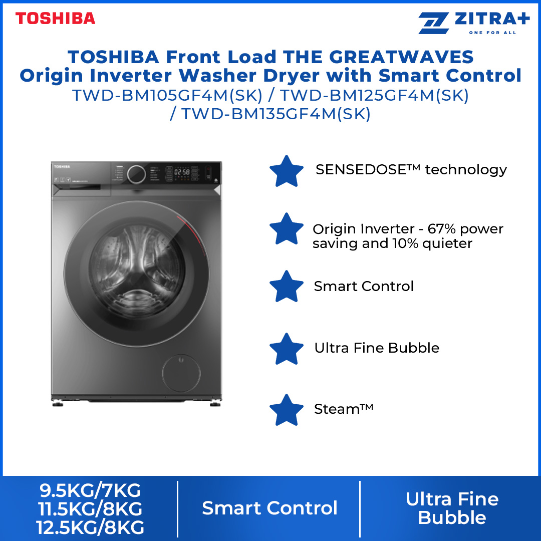 TOSHIBA Front Load THE GREATWAVES Origin Inverter Washer Dryer with Smart Control | 9.5KG/7KG - TWD-BM105GF4M(SK) / 11.5KG/8KG - WD-BM125GF4M(SK) / 12.5KG/8KG - TWD-BM135GF4M(SK) | Steam | Condenser | Drum Clean | Washer Dryer with 2 Year Warranty