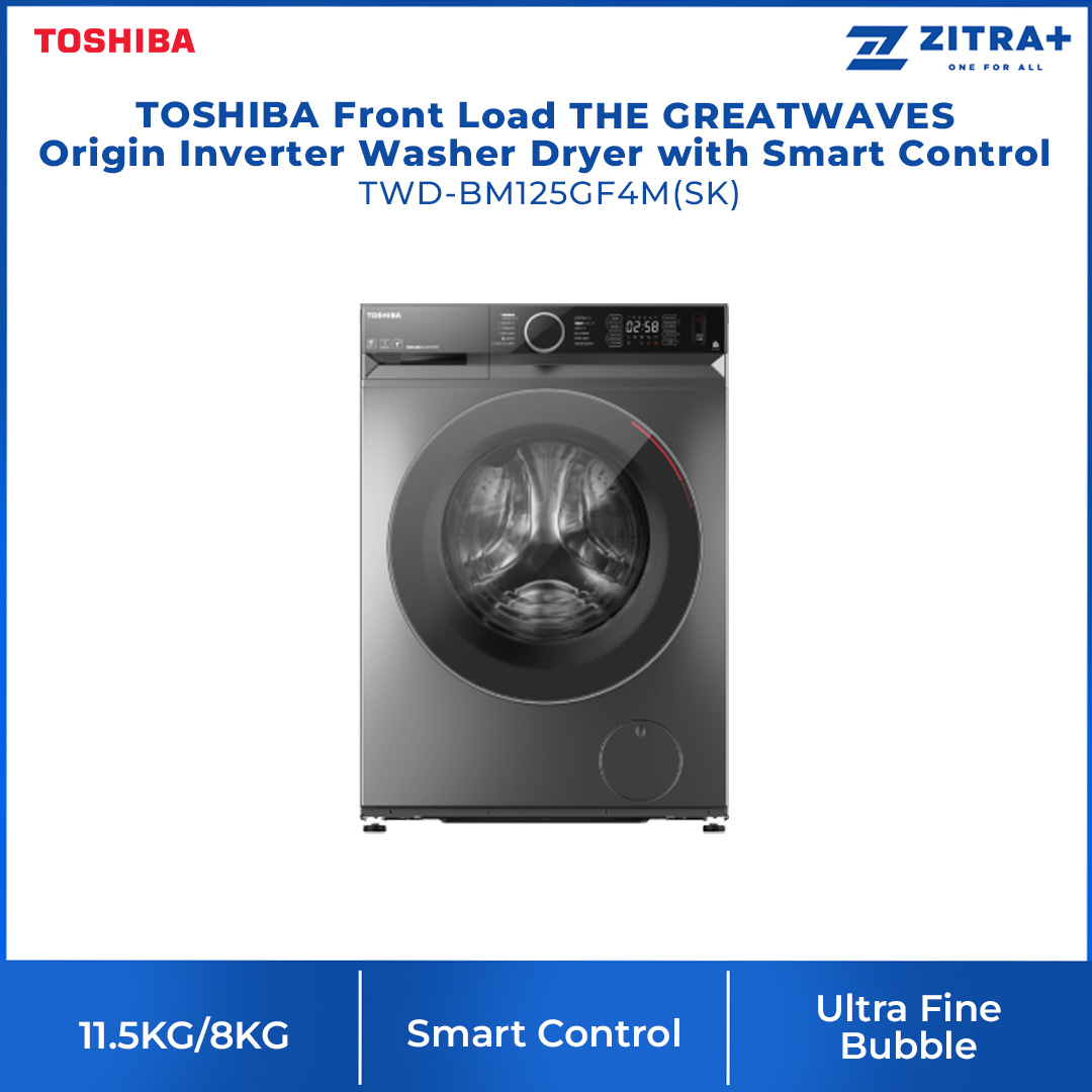 TOSHIBA Front Load THE GREATWAVES Origin Inverter Washer Dryer with Smart Control | 9.5KG/7KG - TWD-BM105GF4M(SK) / 11.5KG/8KG - WD-BM125GF4M(SK) / 12.5KG/8KG - TWD-BM135GF4M(SK) | Steam | Condenser | Drum Clean | Washer Dryer with 2 Year Warranty