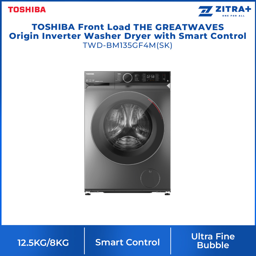 TOSHIBA Front Load THE GREATWAVES Origin Inverter Washer Dryer with Smart Control | 9.5KG/7KG - TWD-BM105GF4M(SK) / 11.5KG/8KG - WD-BM125GF4M(SK) / 12.5KG/8KG - TWD-BM135GF4M(SK) | Steam | Condenser | Drum Clean | Washer Dryer with 2 Year Warranty
