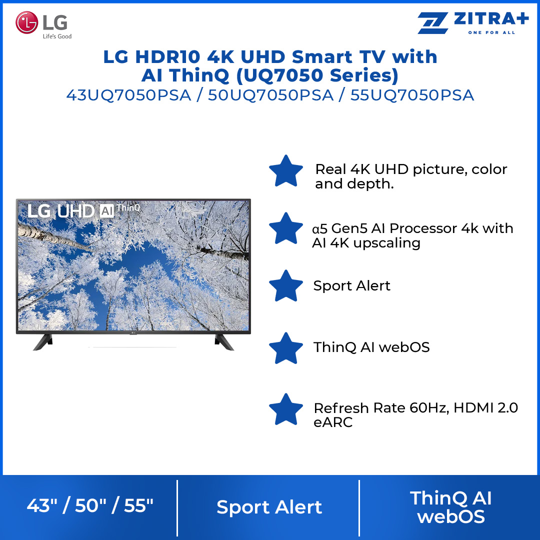 LG 43" / 50" / 55" HDR10 4K UHD Smart TV with AI ThinQ | 43UQ7050PSA / 50UQ7050PSA / 55UQ7050PSA | α5 Gen 5 AI Processor | HDR10 Pro | ThinQ AI webOS | Smart TV with 2 Year Warranty