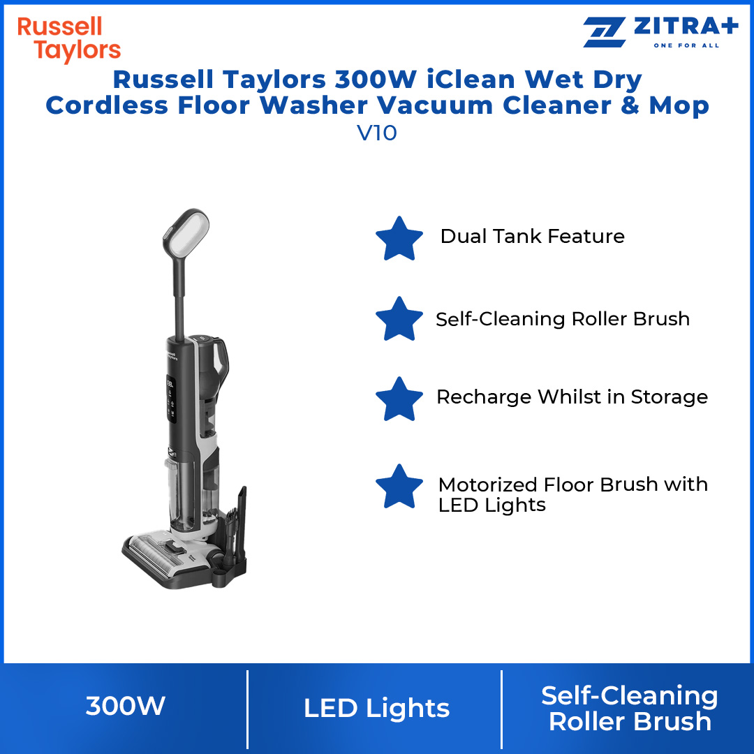 Russell Taylors 300W iClean Wet Dry Cordless Floor Washer Vacuum Cleaner & Mop | 2500mAh Battery | Dual Tank Feature | Motorized Floor Brush with LED Lights | Vacuum with 2 Year Warranty
