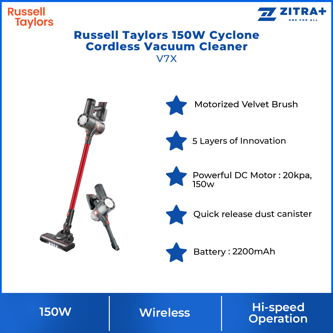 Russell Taylors 150W Cyclone Cordless Vacuum Cleaner V7X | 5 Layers of Innovation | 2200mAh Battery | Quick Release Dust Canister | Vacuum with 2 Year Warranty