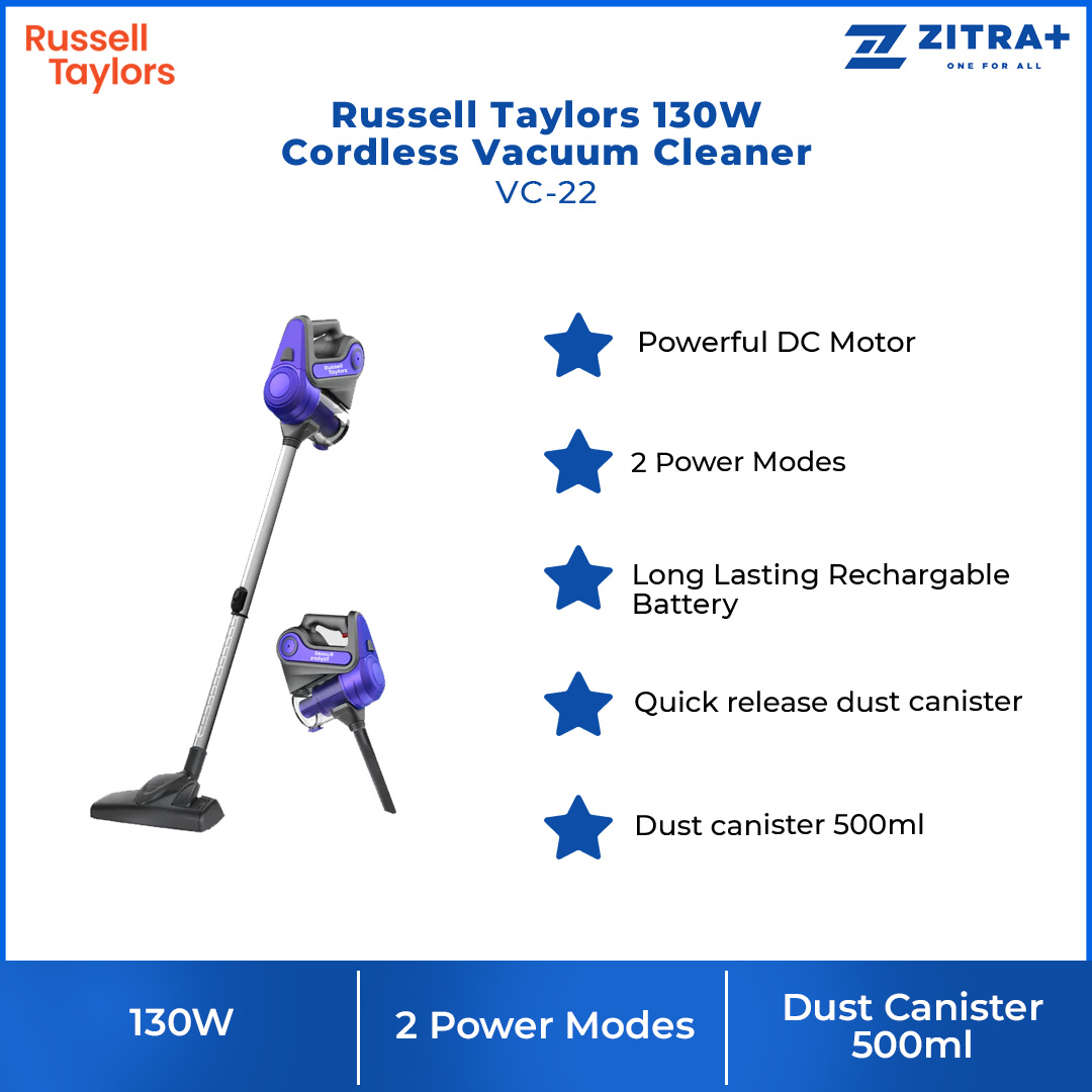 Russell Taylors 130W Cordless Vacuum Cleaner VC-22 | Powerful DC Motor | 2 Power Modes | Quick Release Dust Canister | Vacuum with 2 Year Warranty