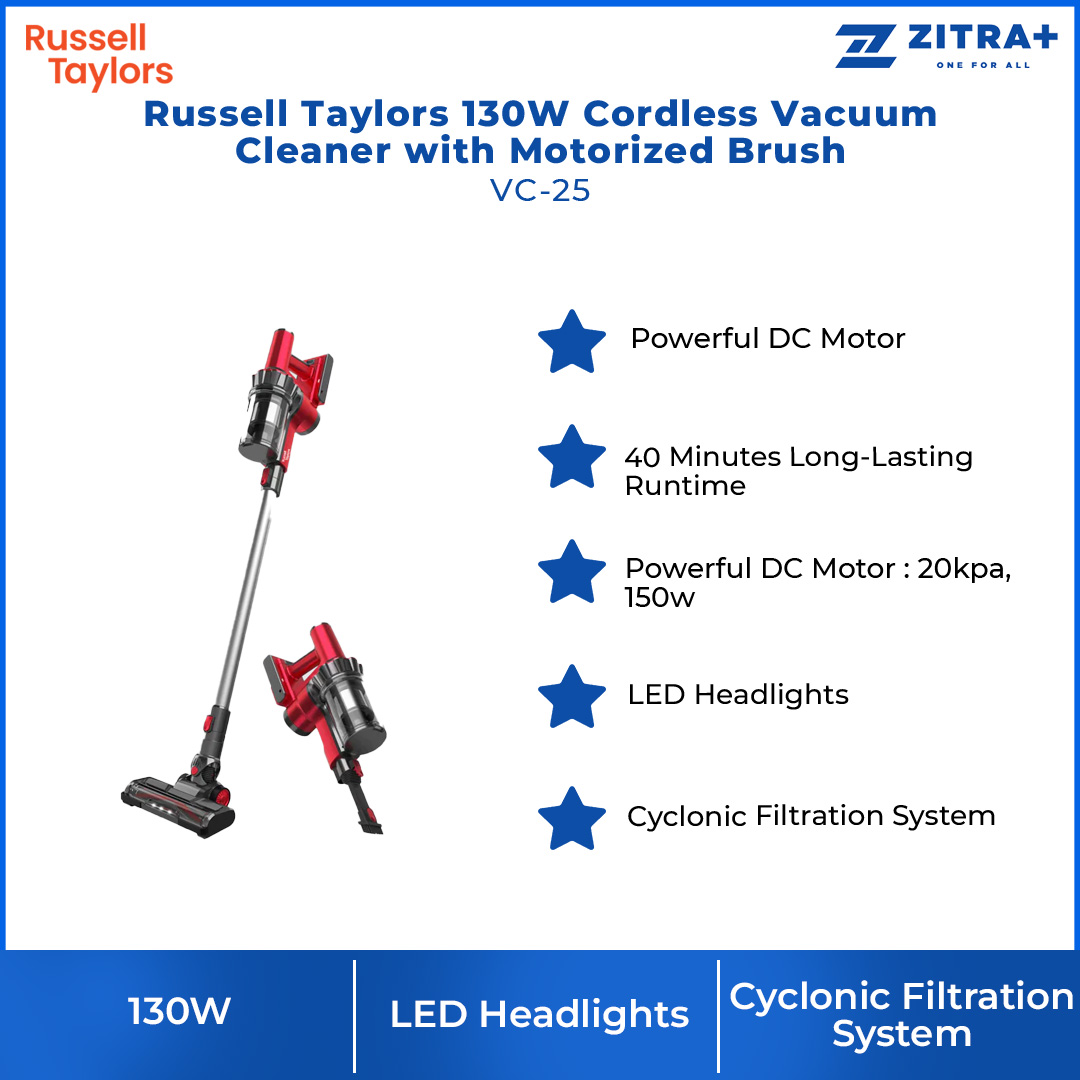Russell Taylors 130W Cordless Vacuum Cleaner with Motorized Brush VC-25 | 130W Powerful DC Motor | Dust Canister 500ml | Cyclonic Filtration System | Vacuum with 2 Year Warranty