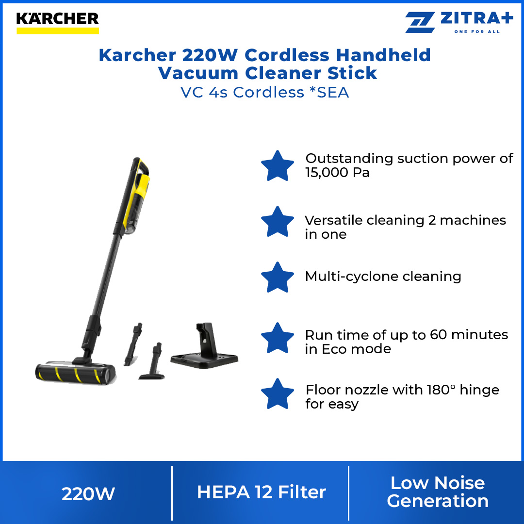 Karcher 220W Cordless Handheld Vacuum Cleaner Stick VC 4s Cordless *SEA | 2 in 1 Charging and Storage Station | HEPA Filter | Vacuum Cleaner with 1 Year Warranty