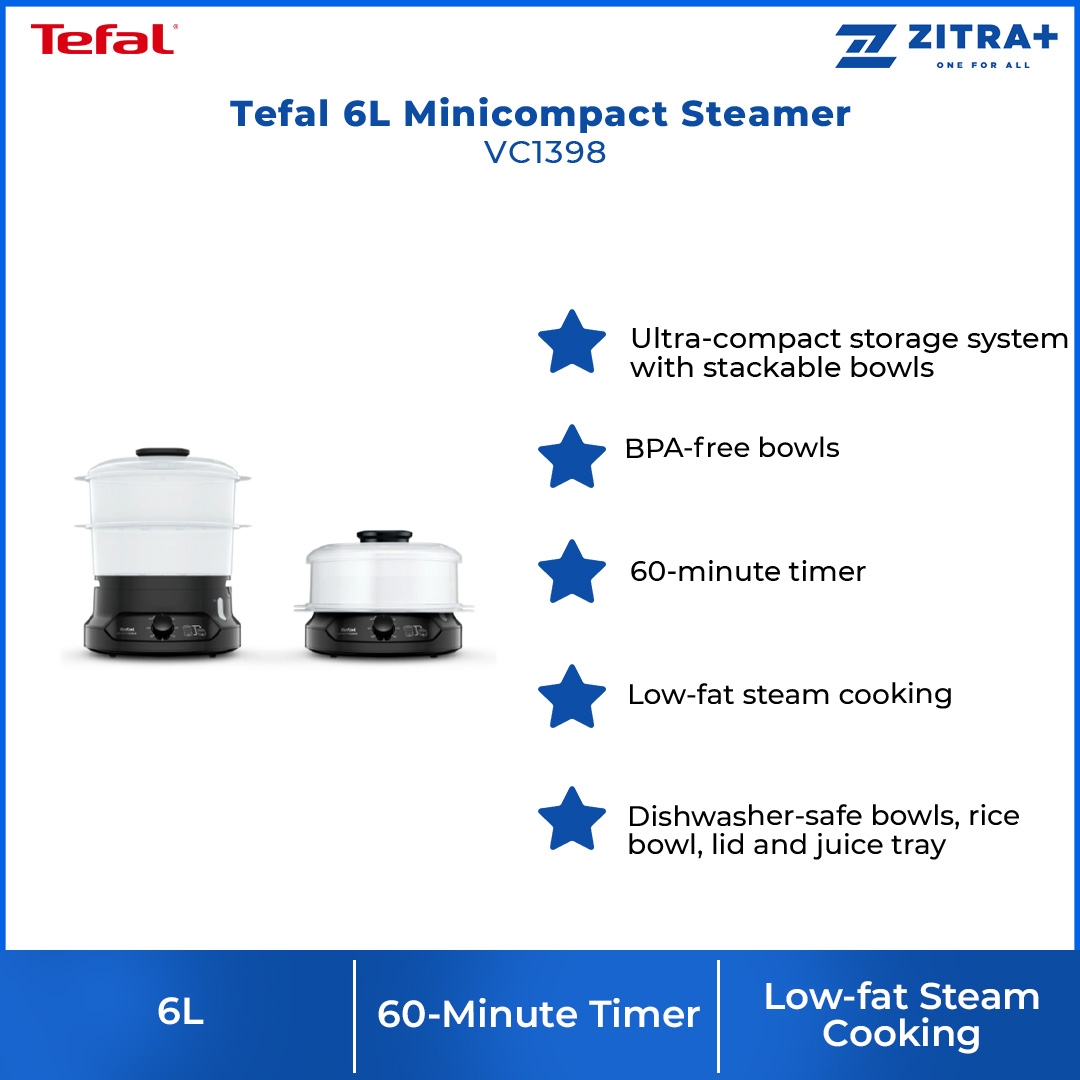 Tefal 6L Minicompact Steamer VC1398 | 800W Power | 60-Minute Timer | Low-fat Steam Cooking | Steamer with 2 Year Warranty