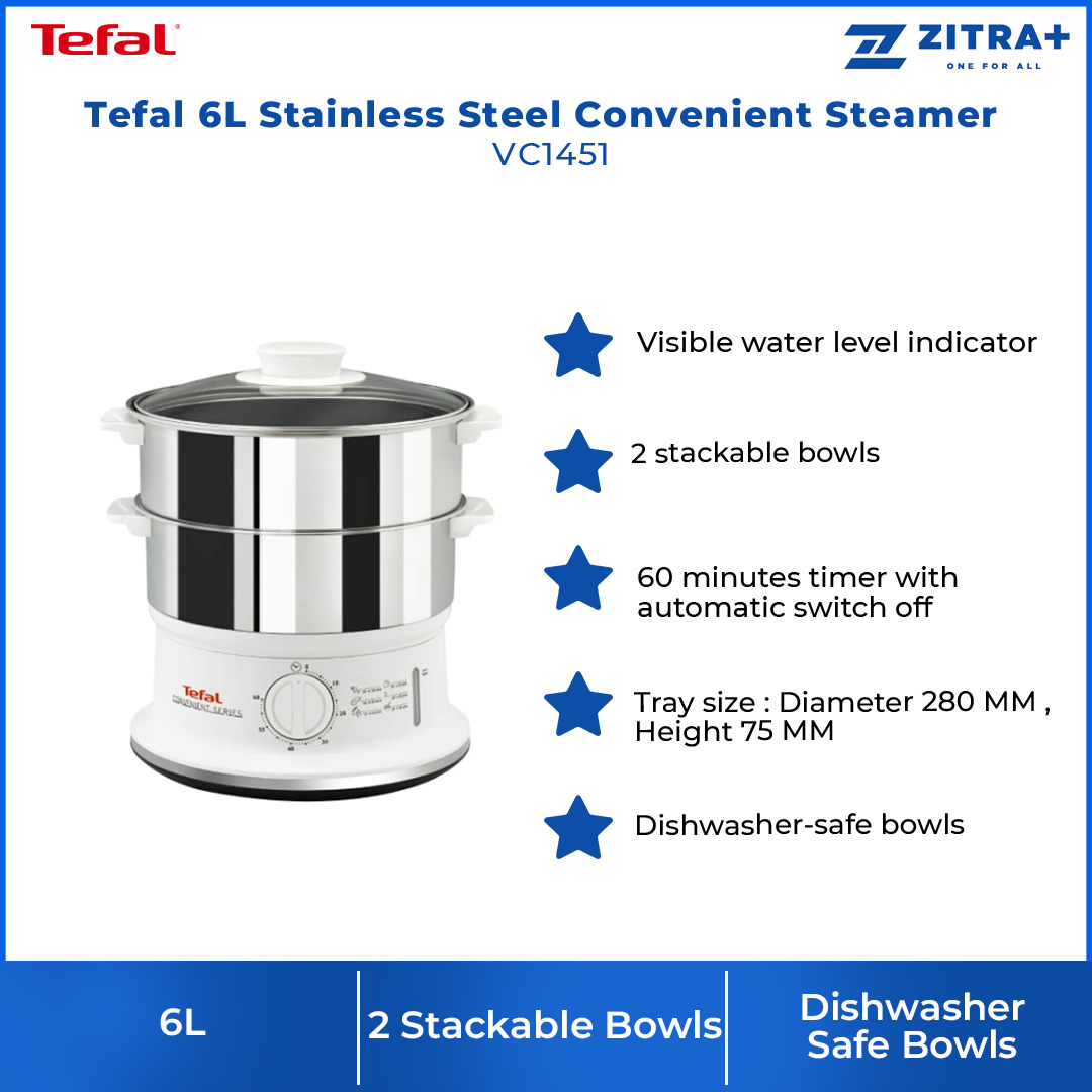Tefal 6L Stainless Steel Convenient Steamer VC1451 Easy Storage Ex