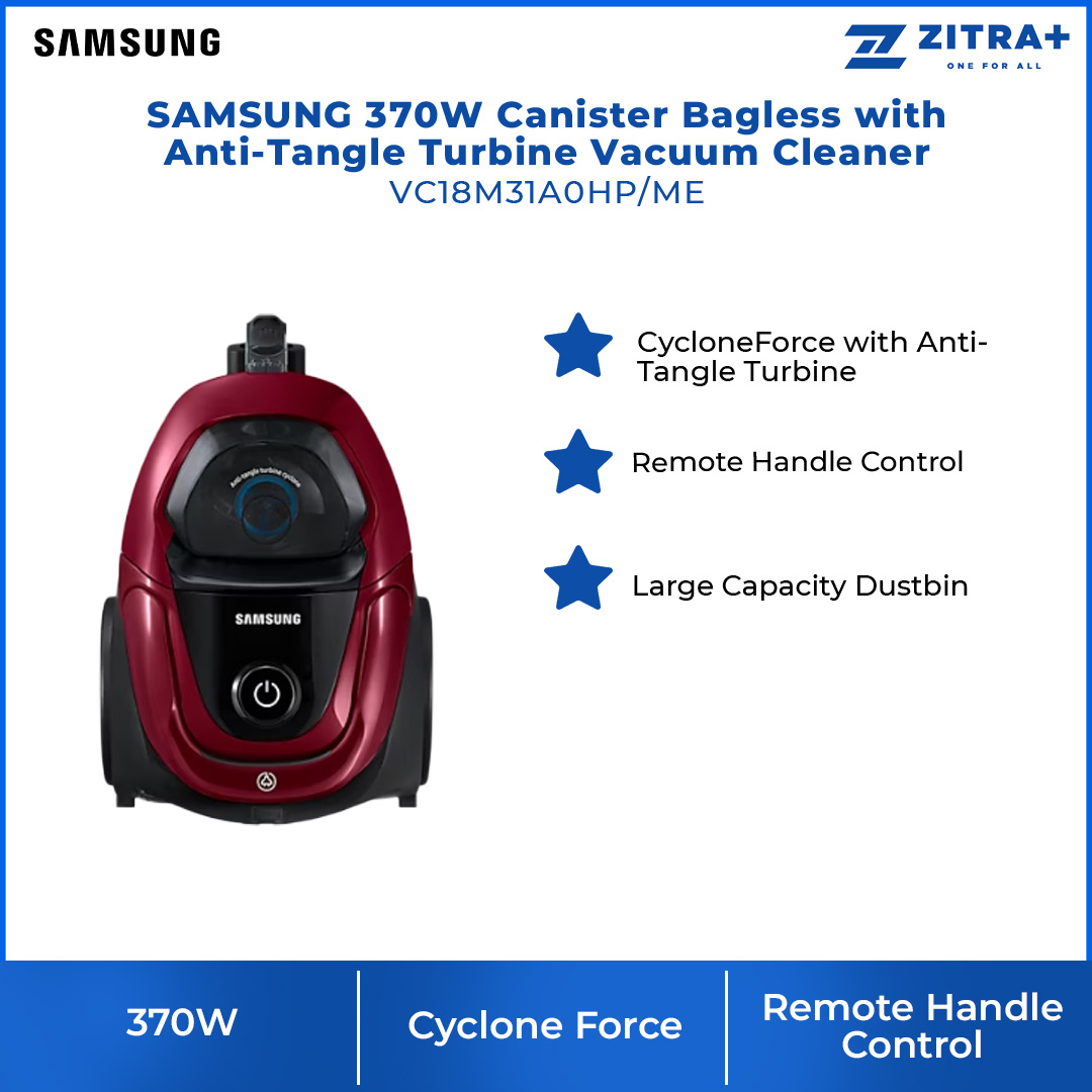 SAMSUNG 370W Canister Bagless with Anti-Tangle Turbine Vacuum Cleaner Mexican Pink | Remote Handle Control | Large Capacity Dustbin | Cyclone Force with Anti-Tangle Turbine | Vacuum Cleaner with 2 Years Warranty