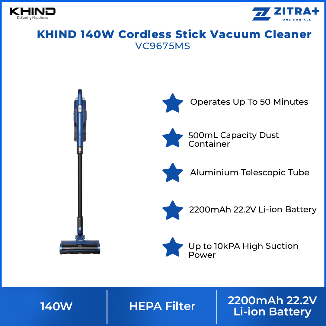 KHIND 140W Cordless Stick Vacuum Cleaner VC9675MS Operates Up To 50