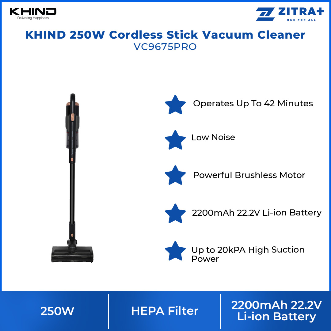 KHIND 250W Cordless Stick Vacuum Cleaner VC9675PRO | High Suction Power | Powerful Brushless Motor | Low Nosie | 22.2V Li-Ion |  Stick Vacuum with  2 Year Warranty