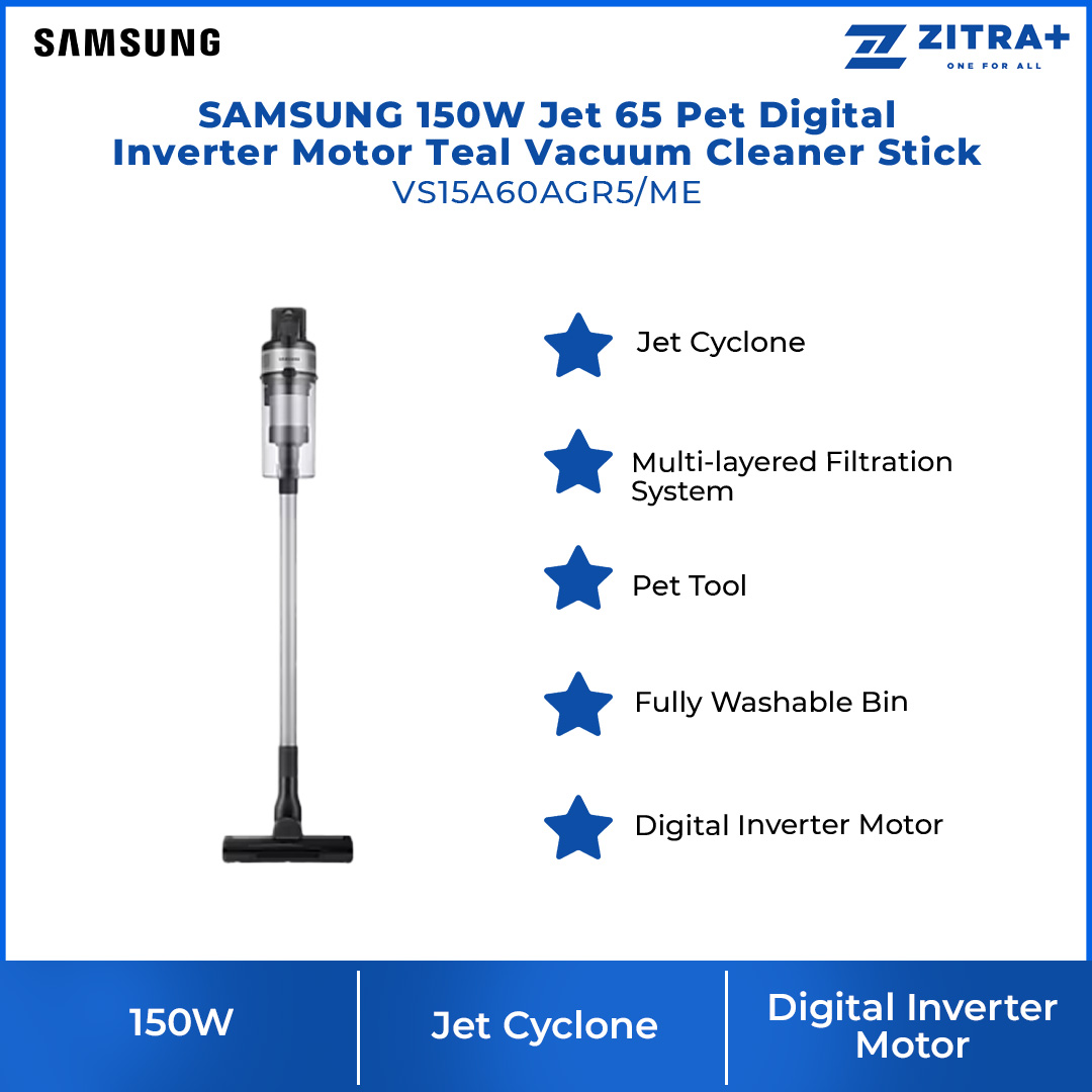 SAMSUNG 150W Jet 65 Pet Digital Inverter Motor Teal Vacuum Cleaner Stick VS15A60AGR5/ME | 150 W Suction Power | Multi-layered Filtration System | Clean Up to 40 mins on One Battery | Vacuum Cleaner with 2 Years Warranty