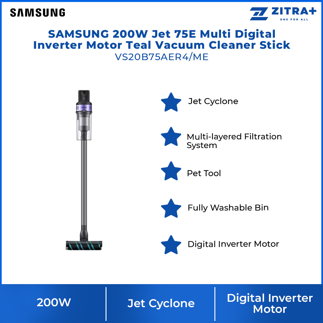 SAMSUNG 200W Jet 75E Multi Digital Inverter Motor Teal Vacuum Cleaner Stick VS20B75AER4/ME | Jet Cyclone | Digital Inverter Motor | Clean Up to 60mins on One Battery | Vacuum Cleaner with 2 Years Warranty