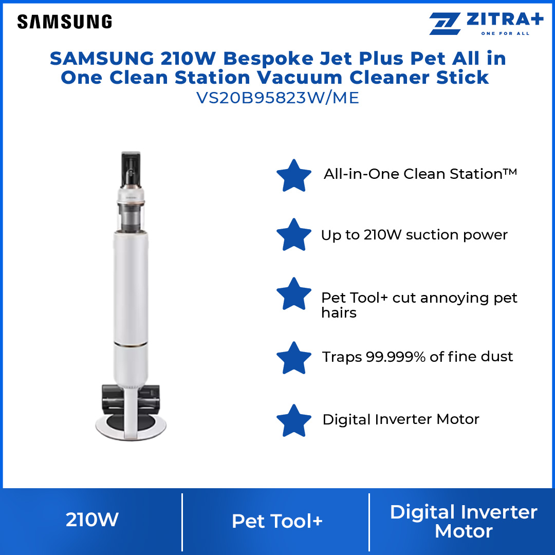 SAMSUNG 210W Bespoke Jet Plus Pet All in One Clean Station Vacuum Cleaner Stick VS20B95823W/ME | 210W Suction Power | Pet Tool+ | Air Pulse Technology | Vacuum Cleaner with 2 Years Warranty