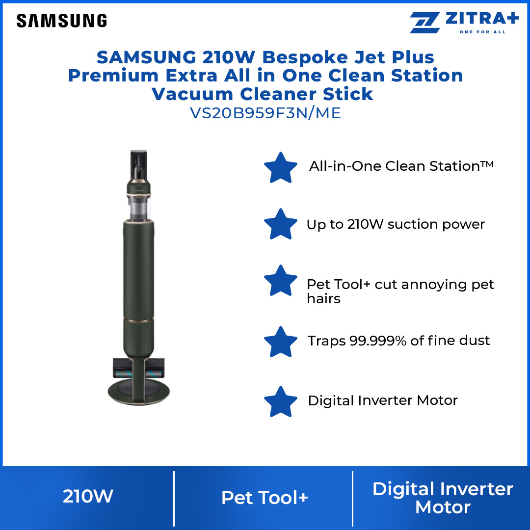 SAMSUNG 210W Bespoke Jet Plus Premium Extra All in One Clean Station Vacuum Cleaner Stick VS20B959F3N/ME | Up to 210W Suction Power | Pet Tool+ | All-in-One Clean Station | Digital Inverter Motor | Vacuum Cleaner with 2 Years Warranty