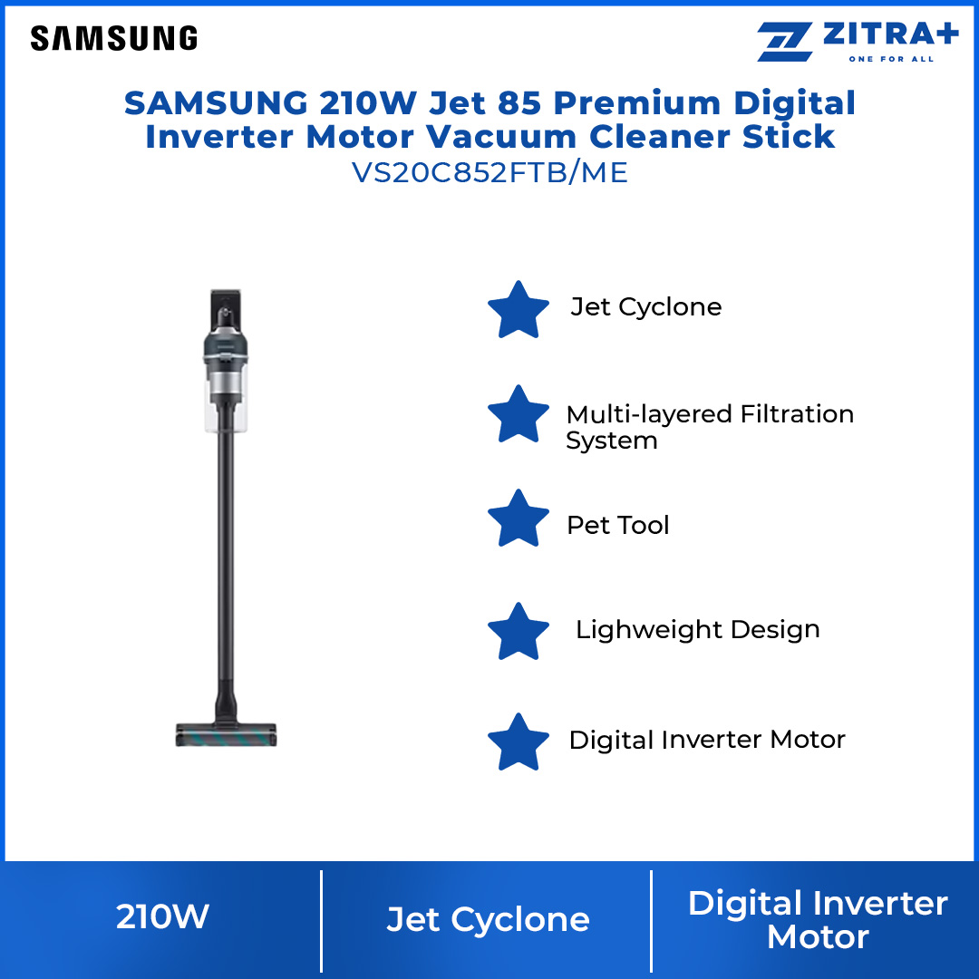 SAMSUNG 210W Jet 85 Premium Digital Inverter Motor Vacuum Cleaner Stick VS20C852FTB/ME | 210 W Suction Power | Jet Cyclone | More Advanced Cleaning Performance |  Clean Up to 1 hour | Vacuum Cleaner with 2 Years Warranty