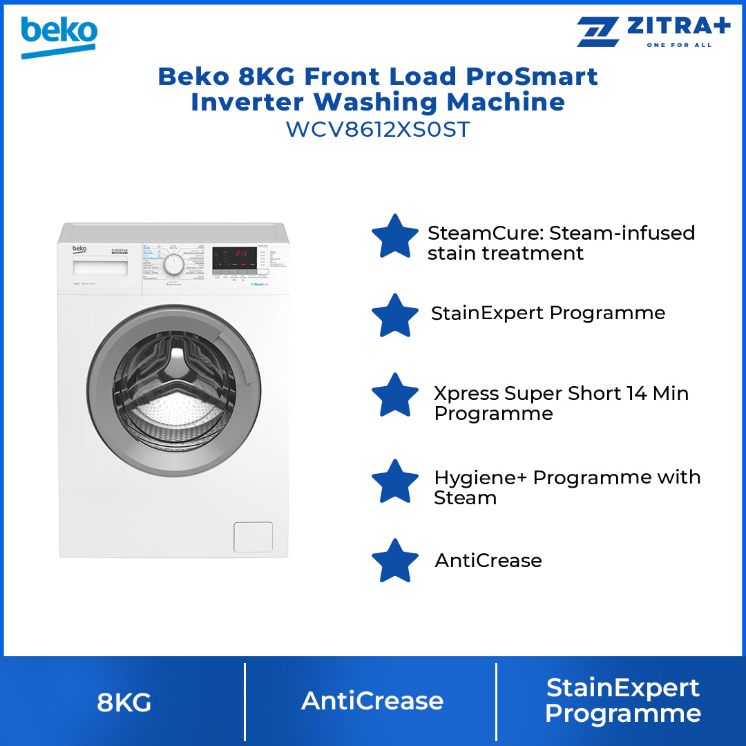 Beko 8KG Front Load ProSmart Inverter Washing Machine WCV8612XS0ST | SteamCure | AntiCrease | Prewash | Extra Rinse | Fast+ | Washing Machine with 1 Year Warranty