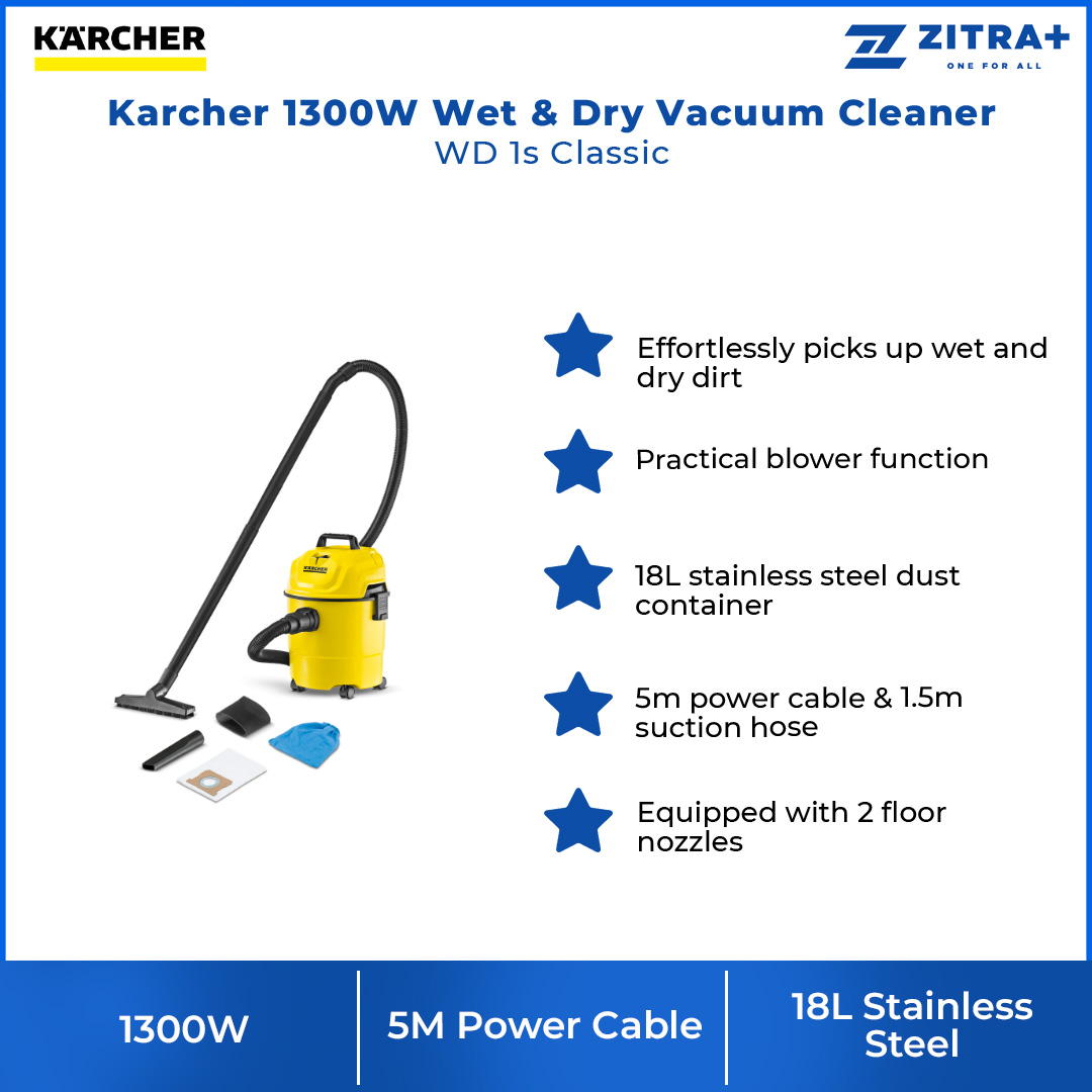 Karcher 1300W Wet & Dry Vacuum Cleaner WD 1s Classic | Suitable for Numerous Uses | Foam Filter | Blower Function | Vacuum Cleaner with 1 Year Warranty