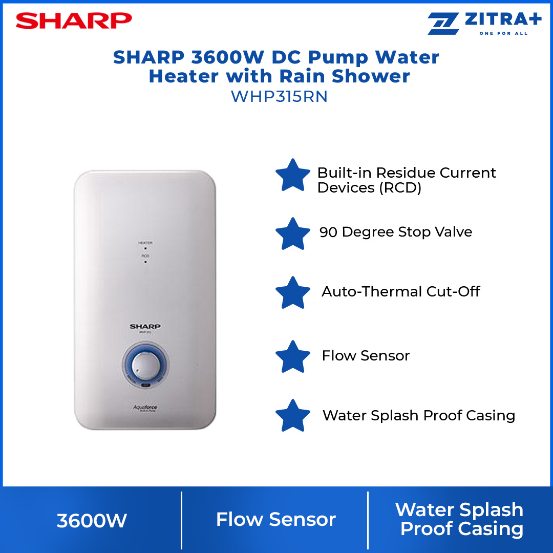 SHARP 3600W DC Pump Water Heater with Rain Shower WHP315RN | Flow Sensor | Leak Proof Heater Tank | Splash Proof (P25) | Water Heater with 1 Year Warranty