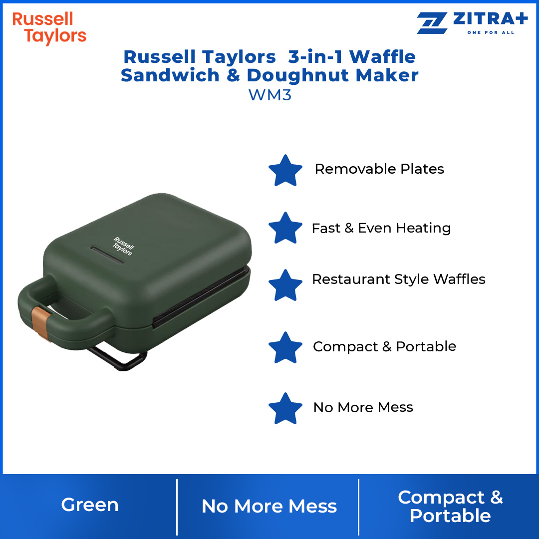 Russell Taylors 3-in-1 Waffle Sandwich & Doughnut Maker WM3 | 600W Power | Restaurant Style Waffles | Removable Plates | 3-in-1 Maker with 2 Year Warranty